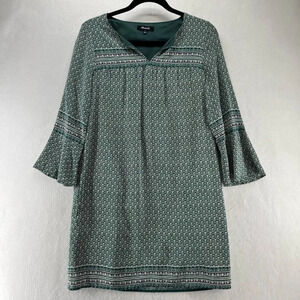 Madewell Dress Sz S Starland Boho Shift Printed Split Neck 3/4 Sleeve Silk Green